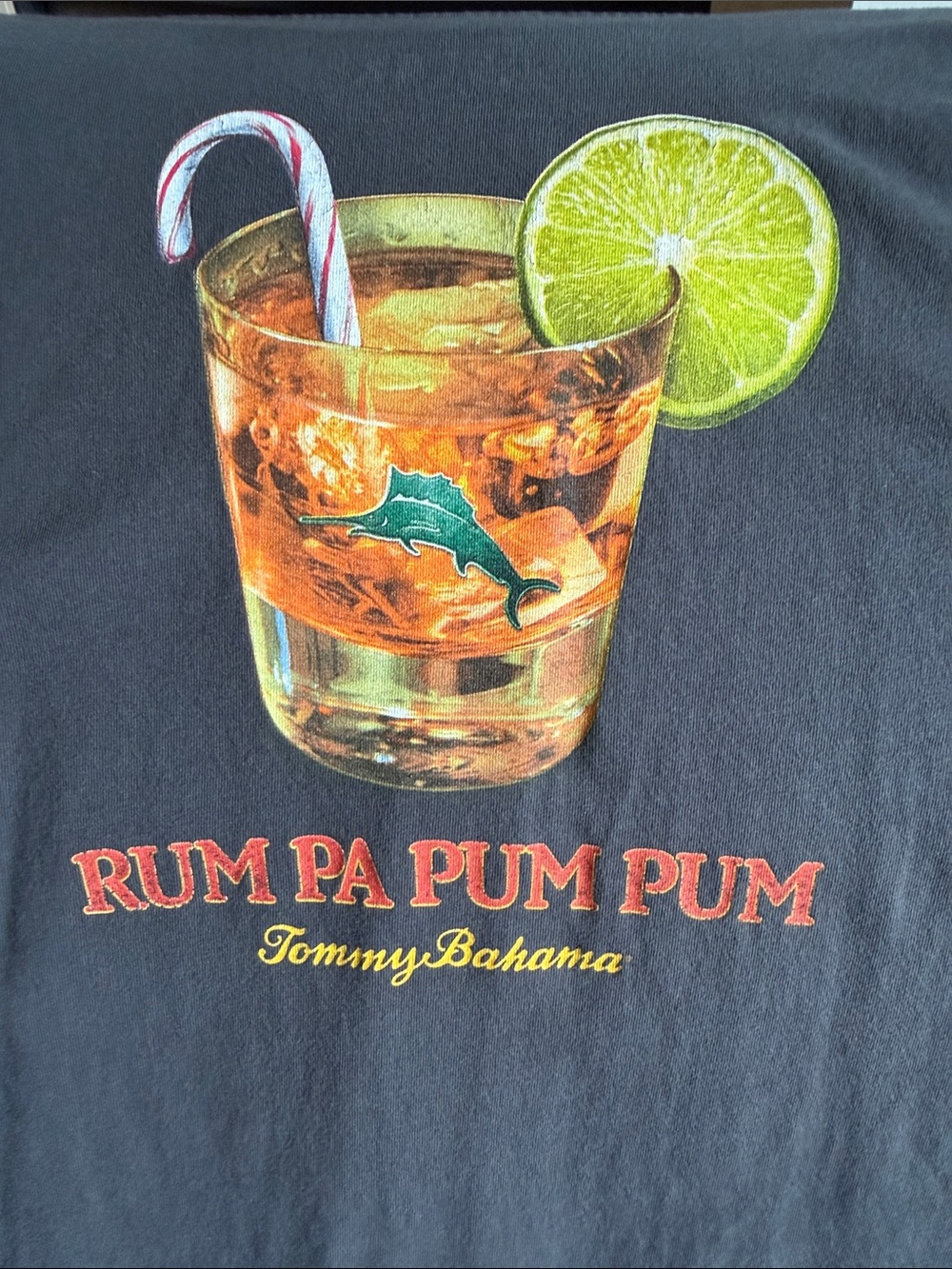 Tommy Bahama Black Tee with Orange Drink, Green Lime & Red Text